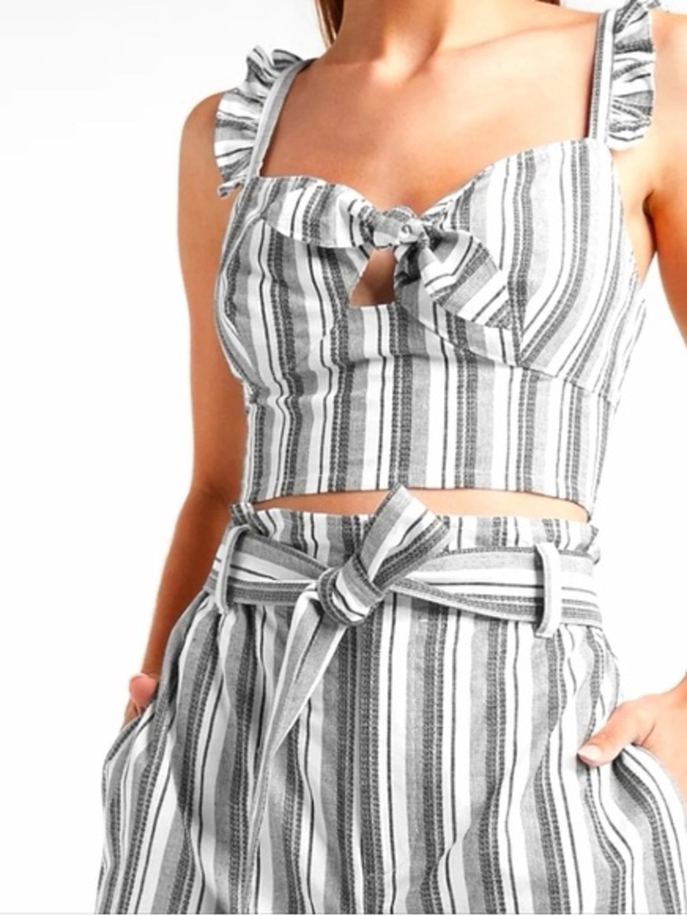 Express Black and White Striped Crop Top & High-Waist Shorts Set